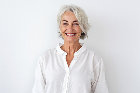 Portrait of a happy senior woman smiling at camera against white backgroundの素材