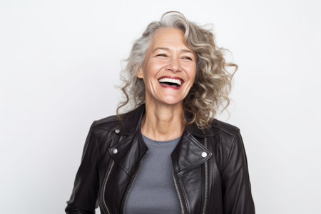 Portrait of a happy senior woman laughing against a white background.の素材