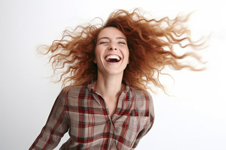 Portrait of beautiful young woman with flying hair on white background.の素材