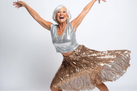 Portrait of a happy senior woman dancing in the studio on a white backgroundの素材