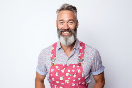 Portrait of a happy mature man in apron over white backgroundの素材