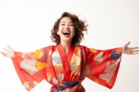 Portrait of a happy young woman in kimono looking at camera isolated over white backgroundの素材