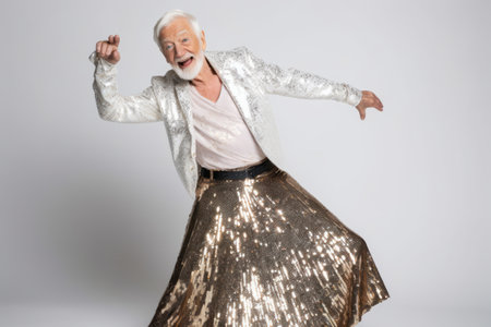 Full length portrait of happy senior man in sequin dress dancing on gray backgroundの素材