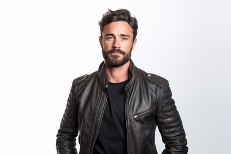Handsome young man with beard and mustache wearing black leather jacketの素材