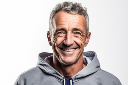 Portrait of happy senior man in hoodie smiling at camera over white backgroundの素材