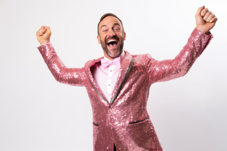 excited man in a pink suit on a white background. studio shotの素材