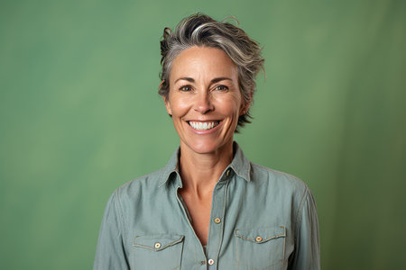 Portrait of a happy mature woman smiling at the camera with a green backgroundの素材