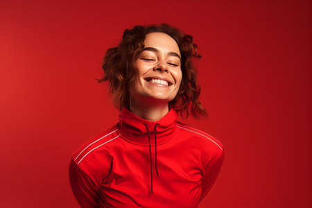 Portrait of a smiling young woman in sportswear isolated over red background.の素材