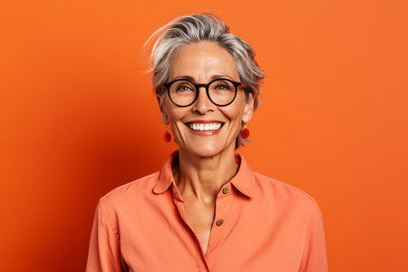 Portrait of a happy senior woman with eyeglasses on orange backgroundの素材