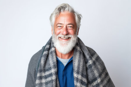 Portrait of a senior man wrapped in a blanket on a white backgroundの素材