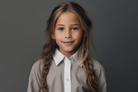 Portrait of a cute little girl with long hair on a gray backgroundの素材