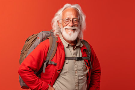 Portrait of a smiling senior man with backpack on a red background.の素材