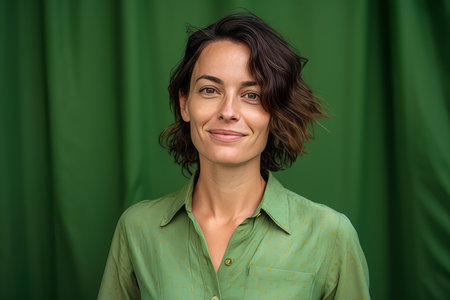 Portrait of a beautiful woman in a green shirt on a green backgroundの素材