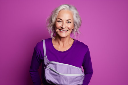 Portrait of smiling mature woman with bag looking at camera isolated on purple backgroundの素材