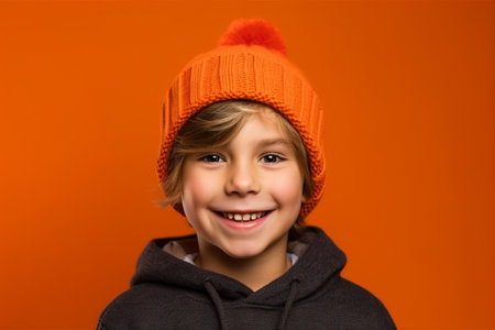 smiling child in orange hat and hoodie on orange background, winter fashionの素材