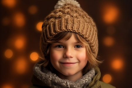 Portrait of a cute little girl in a warm hat and scarf.の素材