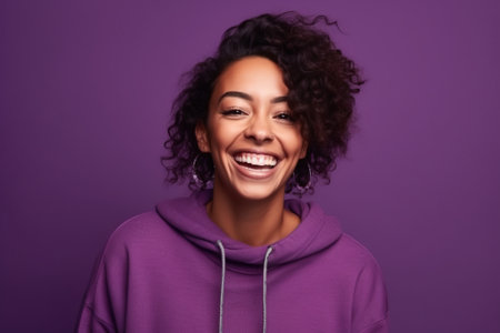 Portrait of a smiling African American woman in a purple hoodieの素材