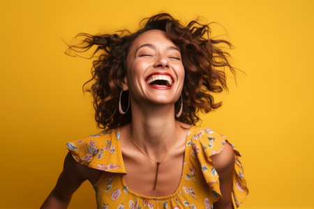 Portrait of a beautiful young woman laughing isolated over yellow background.の素材