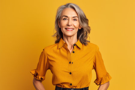 smiling senior woman in yellow blouse looking at camera isolated on yellowの素材