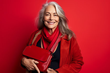 smiling senior woman in red coat with handbag on red backgroundの素材