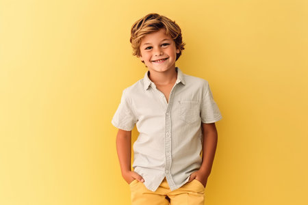 smiling boy in shirt and yellow pants looking at camera isolated on yellowの素材