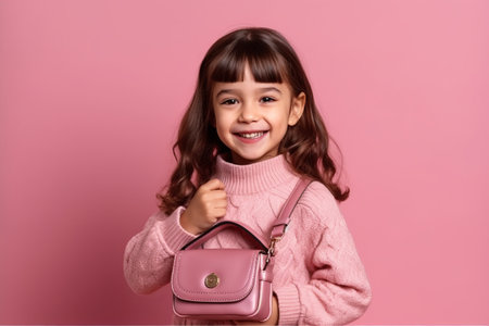 Portrait of cute little girl in pink sweater holding bag and looking at camera isolated on pink backgroundの素材