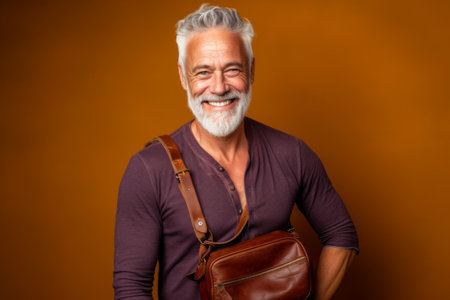 Portrait of a smiling senior man with a bag on a brown backgroundの素材