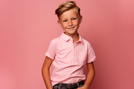 smiling little boy in shirt looking at camera isolated on pink backgroundの素材