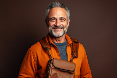 Portrait of a senior man with a stylish backpack on a brown background.の素材
