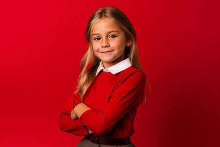 Portrait of a cute little girl posing on a red background.の素材