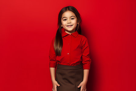 Little girl in a red shirt and skirt posing on a red background.の素材