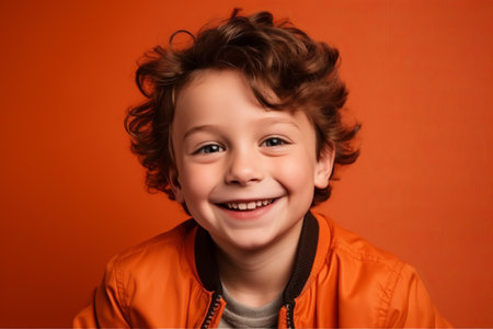 Portrait of a little boy with curly hair on an orange backgroundの素材