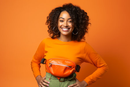 Cheerful african american woman with backpack on orange backgroundの素材