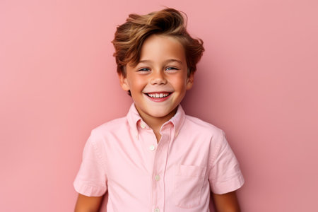 Portrait of a smiling little boy in a pink shirt on a pink backgroundの素材