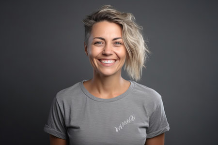 Portrait of beautiful young woman on gray background. Smiling woman.の素材