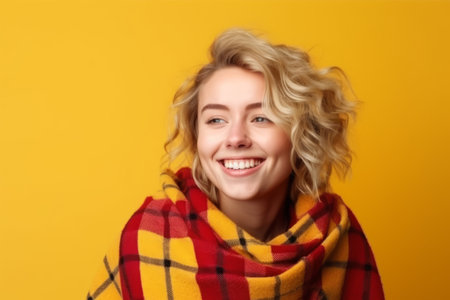 Happy young woman wrapped in a warm plaid on a yellow backgroundの素材
