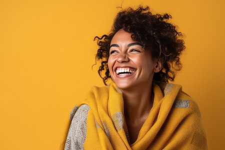 Portrait of a happy young african american woman wrapped in a yellow blanket isolated over yellow backgroundの素材