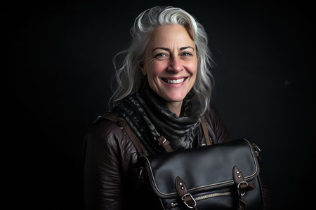 Portrait of a beautiful middle-aged woman with gray hair and a leather bagの素材