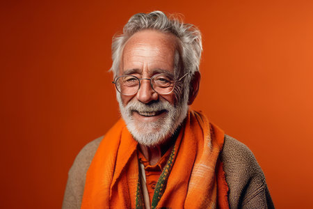 Portrait of a happy senior man with gray hair and beard wearing orange scarf and glasses.の素材