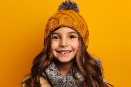 Portrait of a smiling little girl in winter hat and scarf over yellow backgroundの素材