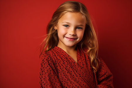 Portrait of a smiling little girl in a red dress on a red background.の素材
