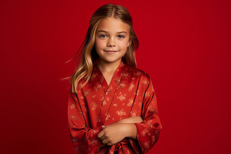 Portrait of a cute little girl in a kimono on a red background.の素材