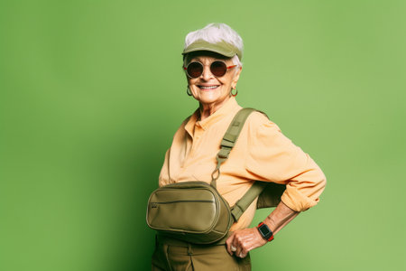 smiling senior woman in sunglasses and hat with bag isolated on greenの素材