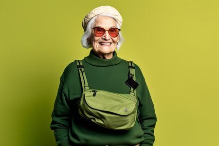smiling senior woman in green sweater, beret and sunglasses looking at cameraの素材