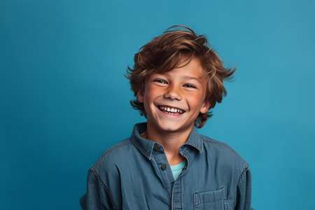 Portrait of a smiling little boy on a blue background with copy spaceの素材