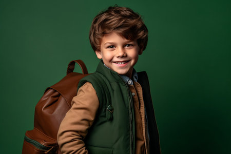 portrait of smiling schoolboy with backpack looking at camera isolated on greenの素材