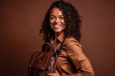 Portrait of a beautiful young african american woman with a bag on a brown backgroundの素材