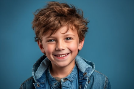 Portrait of a smiling little boy on a blue background. Studio shot.の素材