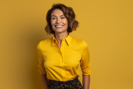 Portrait of smiling businesswoman in yellow blouse on yellow backgroundの素材
