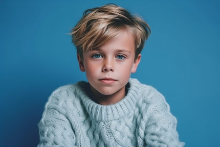 Portrait of a little boy in a sweater on a blue backgroundの素材